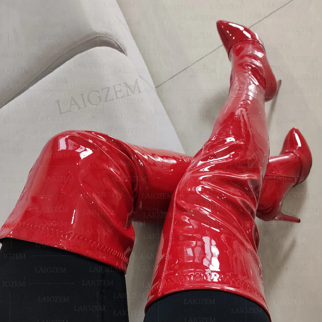 

SEIIHEM Women Thigh High Boots Elastic Side Zip Shiny Thin High Heels Over Knee Boots Tall Shoes Woman Plus Size 33 38 41 45 49