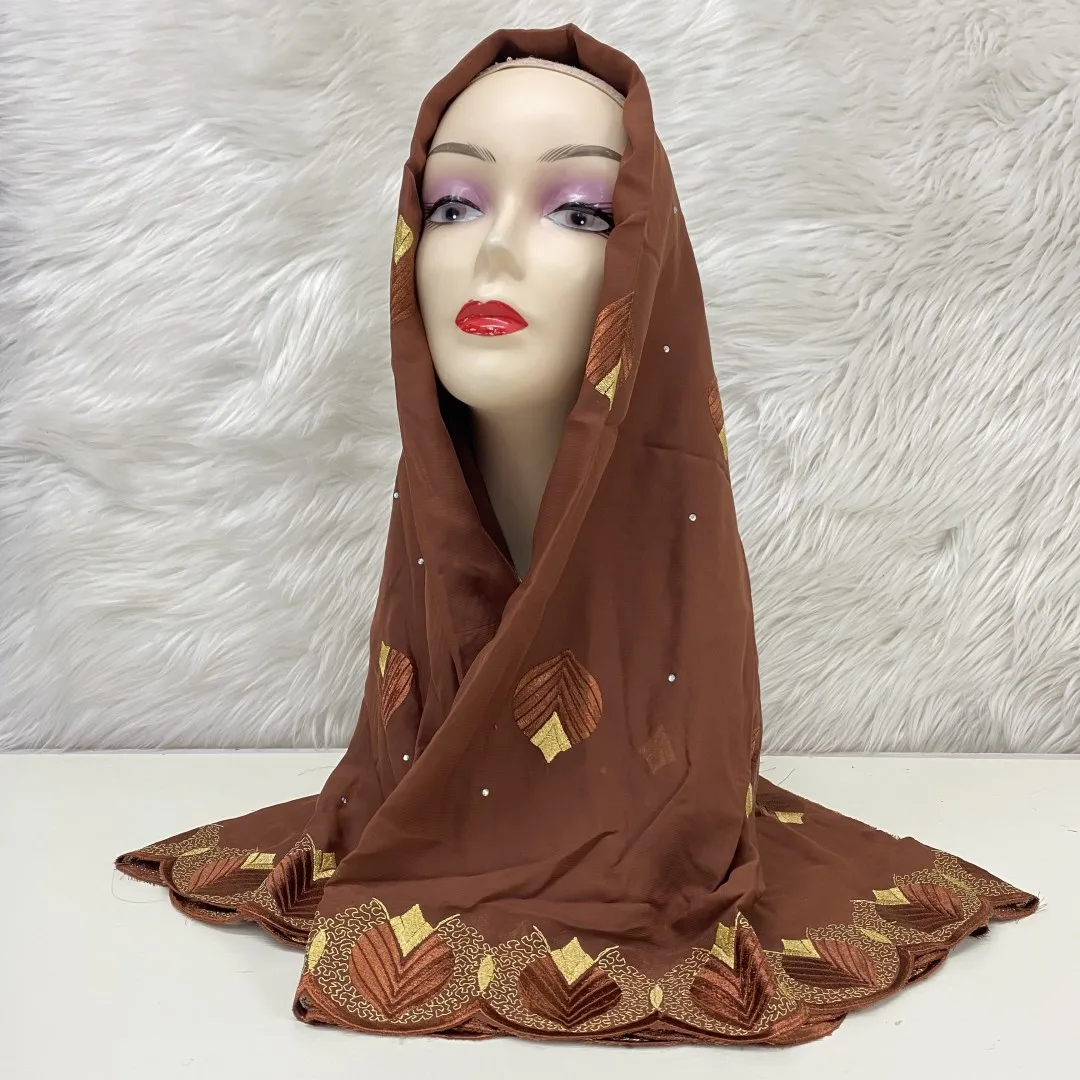 Different pattern Nigerian Gele Headtie With Stones 2023 High Quality African Embroidery Chiffon Head Scarf 2yards/1set