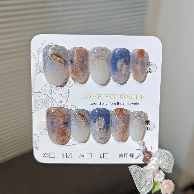 10개입 가짜 손톱 미스트 그라데이션 유화 스타일 메탈릭 프렌치 팁 붙이는 네일 팁 소녀와 친구들에게 선물하기에 완벽