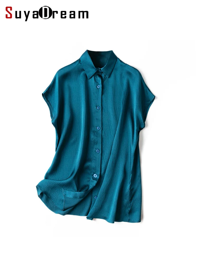 SuyaDream Woman Chic Shirts 100%Mulberry Silk Turn Down Collar Short Bat Sleeves Blouses 2023 Spring Summer Solid Top