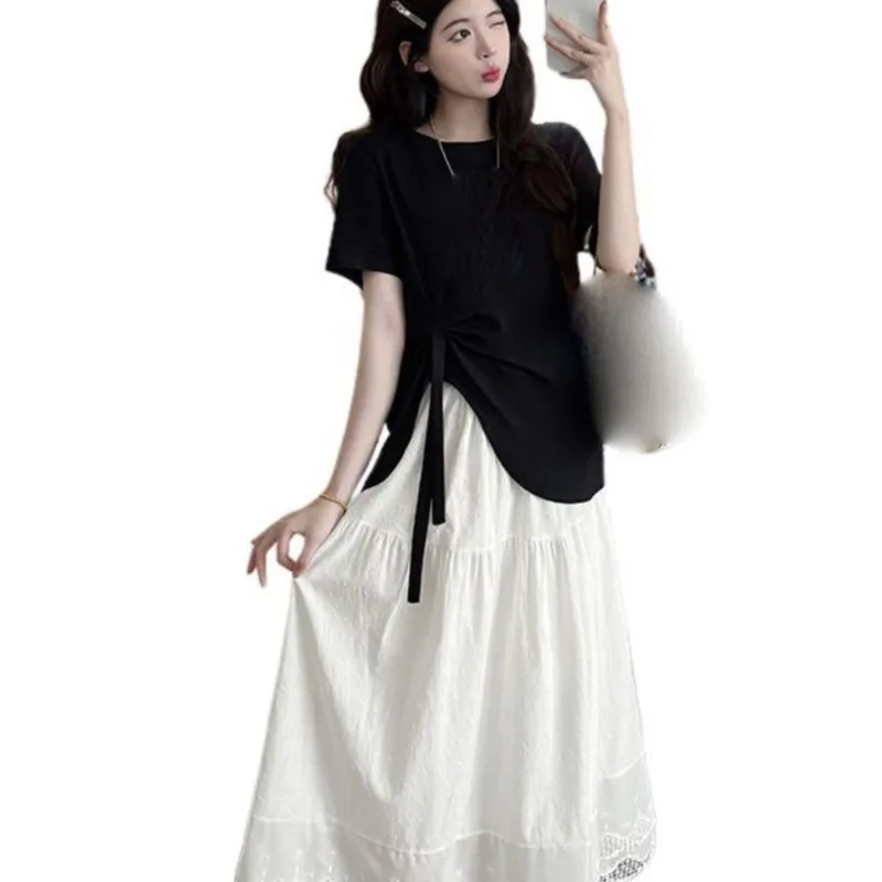 2026 임산부 여름 한국어 단색 출산 반팔 탑 레이스 드레스 2피스 세트 출산 의류 세트 LJ353