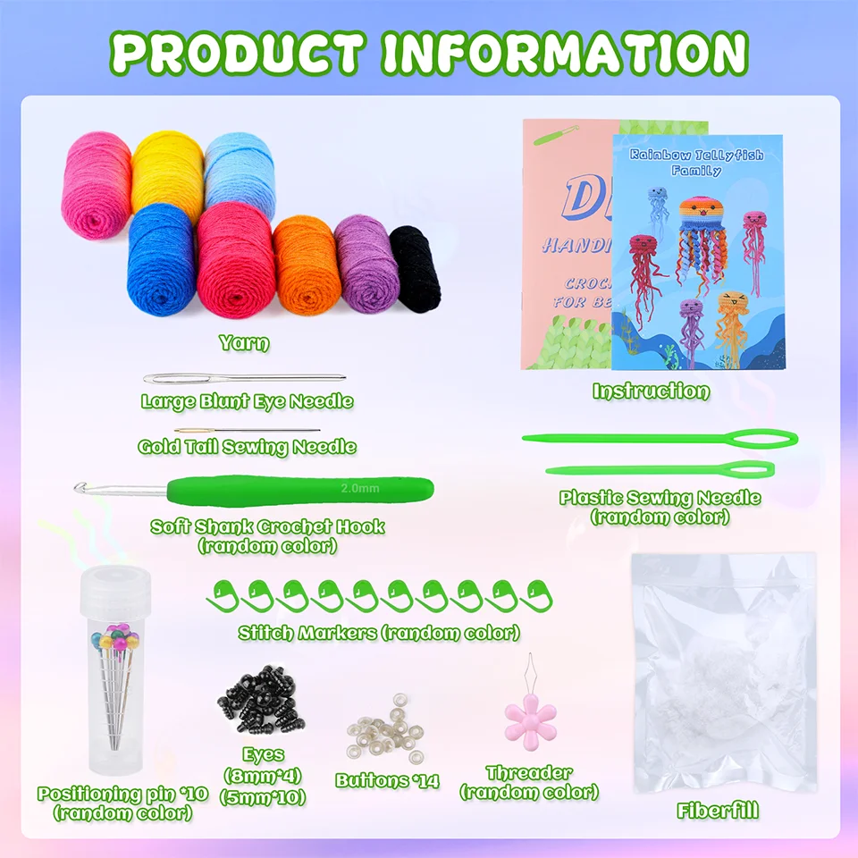 6Pcs Jellyfish Crochet Material Package with Step-by-Step Video Tutorials Unfinished Crochet Animal Kit for DIY Craft Beginner