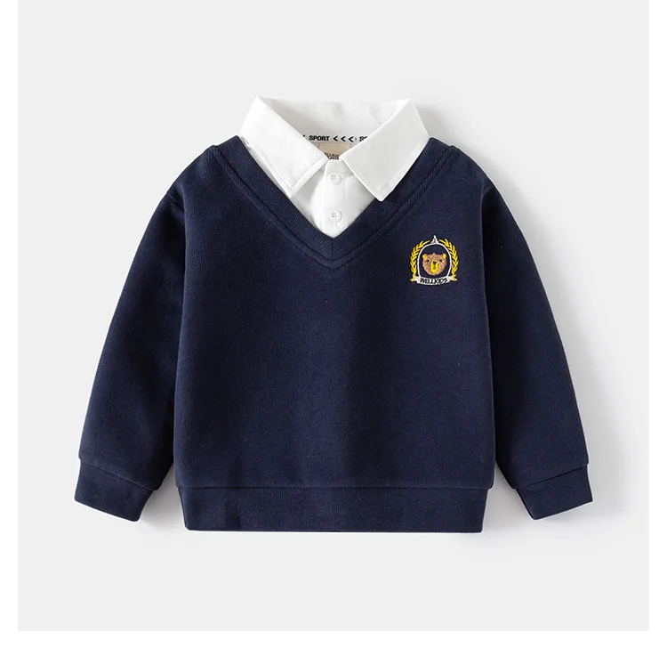 Frühling Herbst Neue Koreanische Sweatshirt für Jungen Gefälschte Zwei Stück Hemd Kragen Junge Top Nette Bär Stickerei Casual Pullover – Detail 3