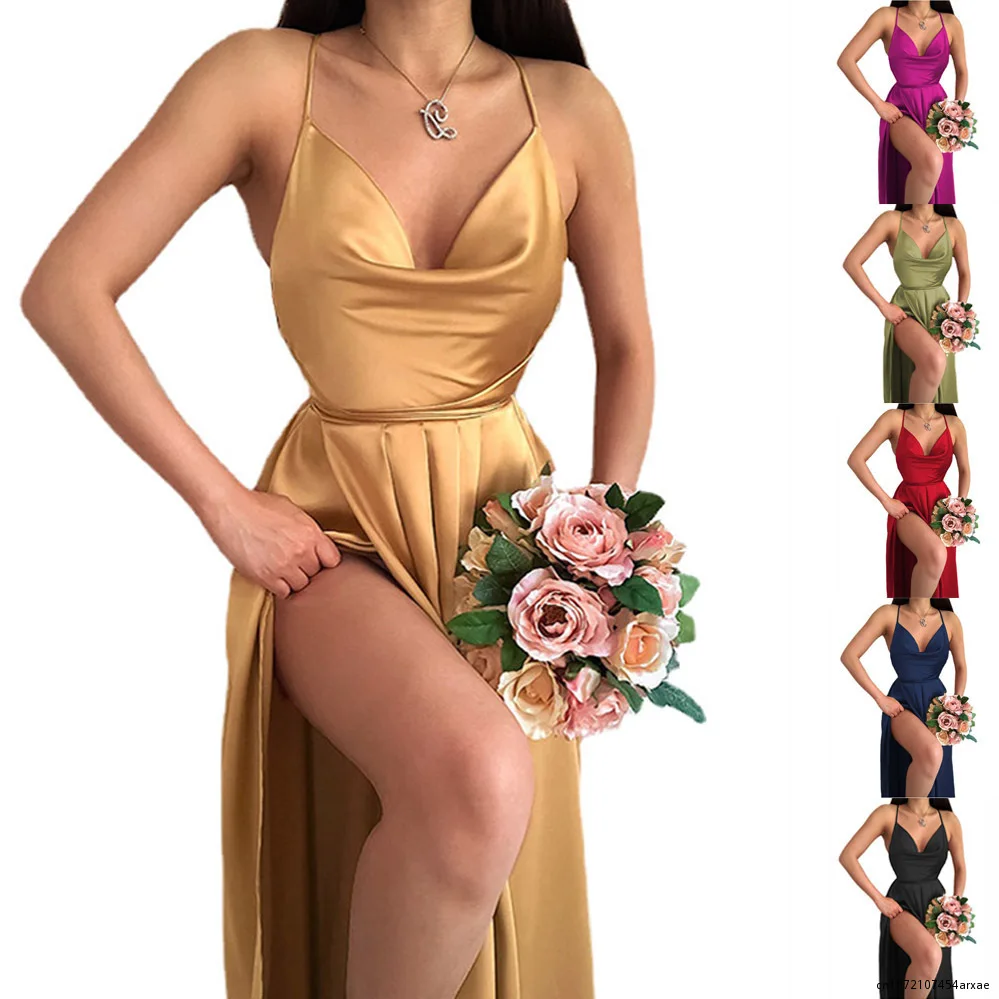 

Women V-neck Fashion Spaghetti Straps Floor Dress Backless Bridesmaids Wedding Party Gown Evening Dresses Vestidos