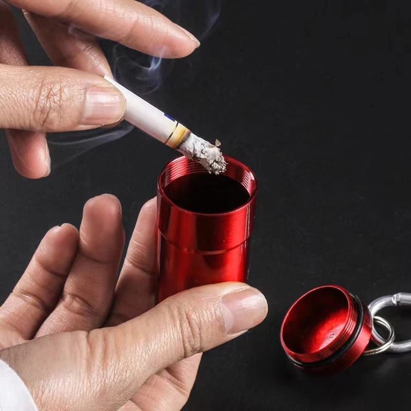Portable Pocket Cigarettes Ashtray Aluminum Storage Tube Holder with Lid and Keychain Windproof 1Pcs