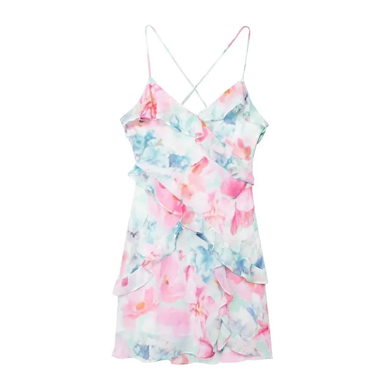 thumbnail image 1 of HH TRAF Vestido corto de verano para mujer, elegante, con tirantes finos, estampado floral, con volantes, sexy, sin mangas, 1 of 5