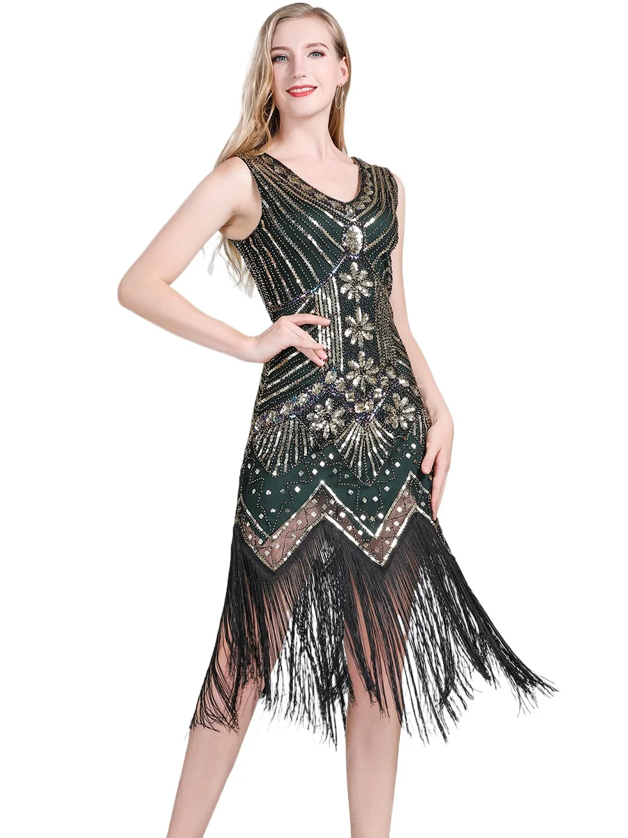 

New Women 1920s Vintage Great Gatsby Dress Double V-Neck Sleeveless Beaded Sequin Tassel Dress Art Deco Flapper Dress for Party