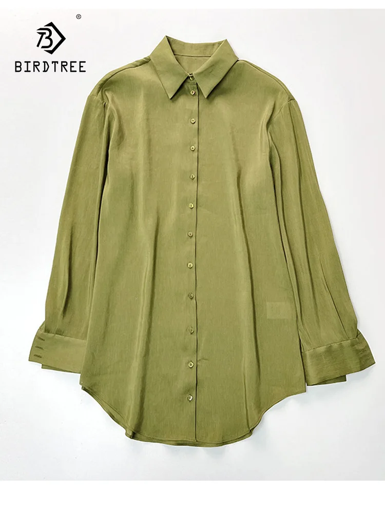 

Birdtree 60%Linen 40%Mulberry Silk Woman Long Shirts Solid Button Boyfriend Blouses 2023 Spring Autumn Chic Top Olive T37655QC