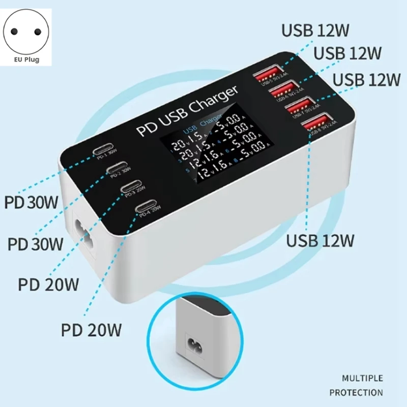 65W 멀티 8 포트 PD USB 고속 충전기 LCD 디스플레이 PD 30W 충전 카레가도르 태블릿 폰 14 EU-PLUG-A25R용