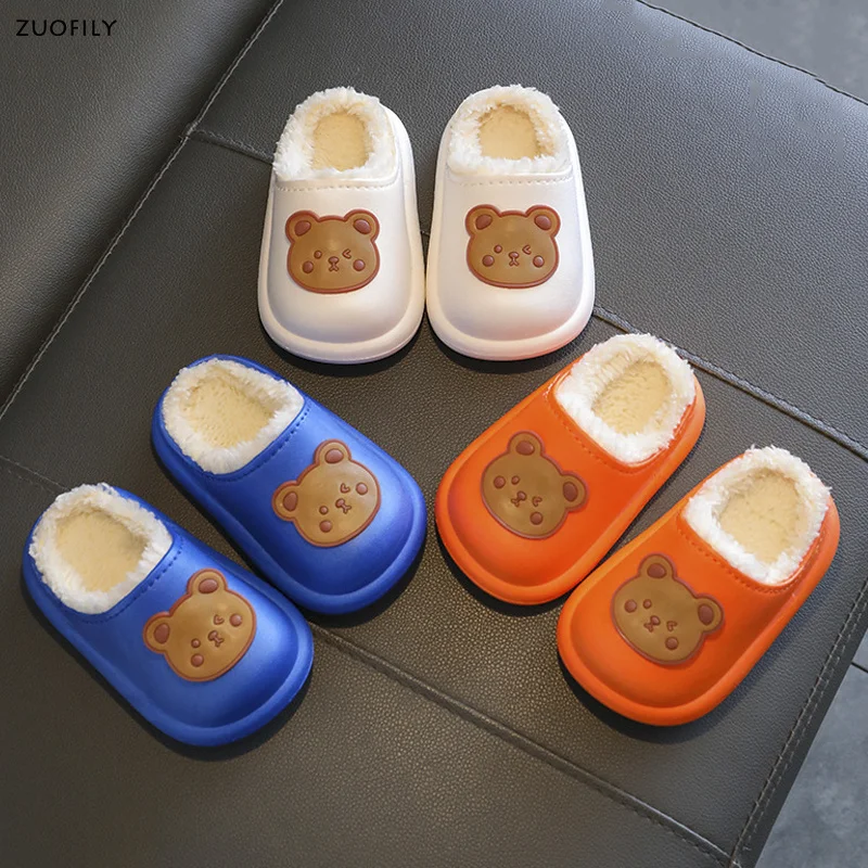 Winter Children Girls Boy Slippers Newborn Cute Bear Print Indoor Home Thick Fleece Warm Shoes Kids Casual Slipper First Walkers 2