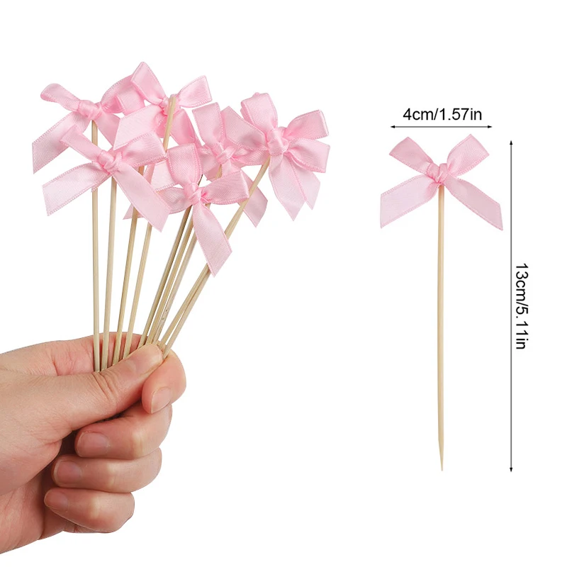 12Pcs Pink Bow Cupcake Toppers Kids Girls Birthday Party Cake Topper Decoration Baby Shower Wedding Bachelorette Party Supplies