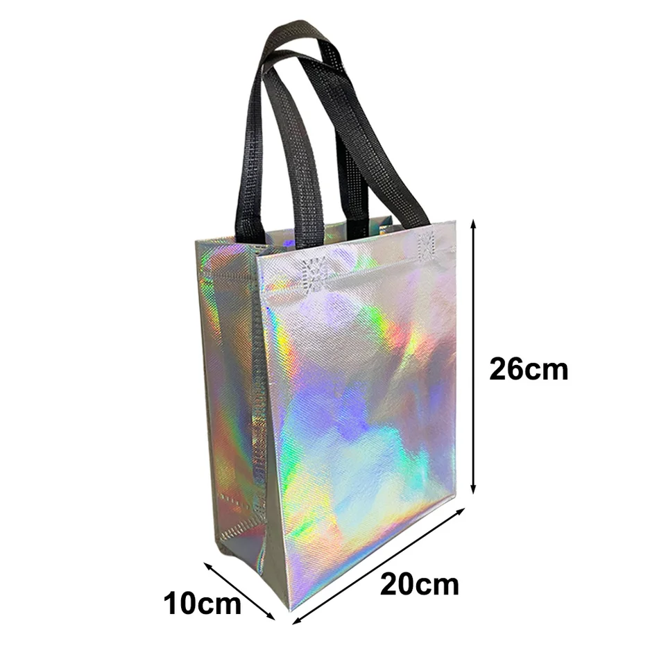 Set Regalo Olografico Argentato - 12 Sacchetti Con Manici + 20 Fogli Cellophane Iridescenti - 23x20x10 Cm - 4
