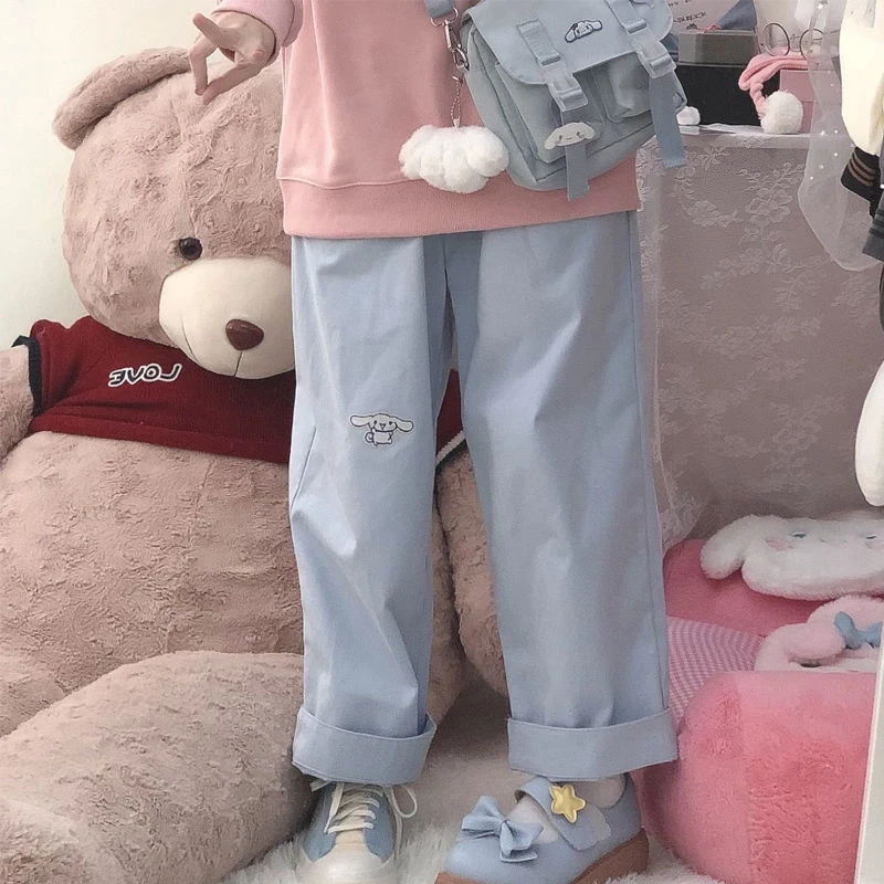 Women's Casual Baggy Cartoon Korean Fashion Corduroy Pants Lolita Streetwear Kawaii Pink High Waist Leg Sweat Trousers Female
