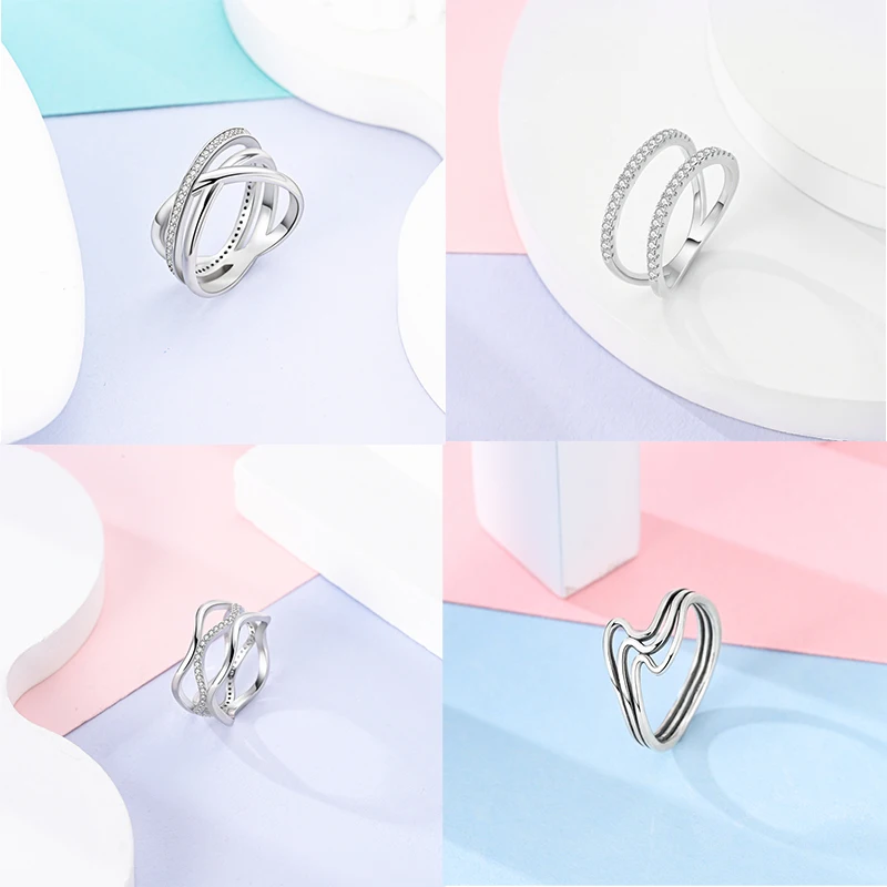 Women's 925 Sterling Silver Geometric Overlapping Zircon Classic Design Rings Anniversary Birthday Engagement