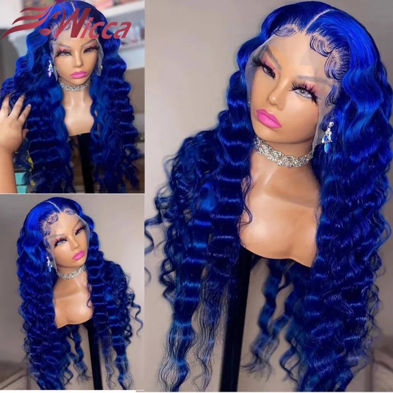 

Blue Colored Deep Wave 13x4 Lace Front Human Hair Wigs Brazilian Remy Preplucked 180 Density Transparent Lace For Women