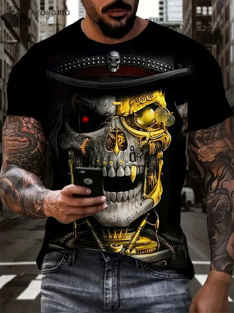 Mens Oversized 3D Skull Print T-Shirt - Summer Horror Fashion Tee
