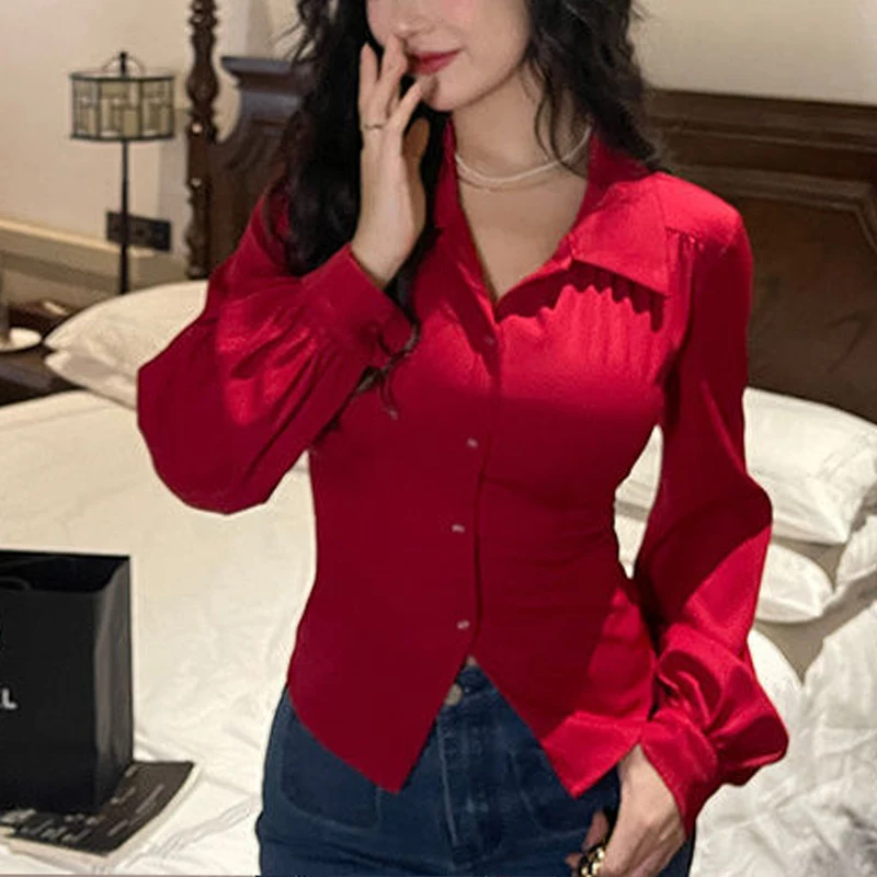 

Spring Autumn New Solid Color Vintage Long Sleeve Shirt Women High Street Button Slim Cardigan Fashion Drawstring Pleated Tops