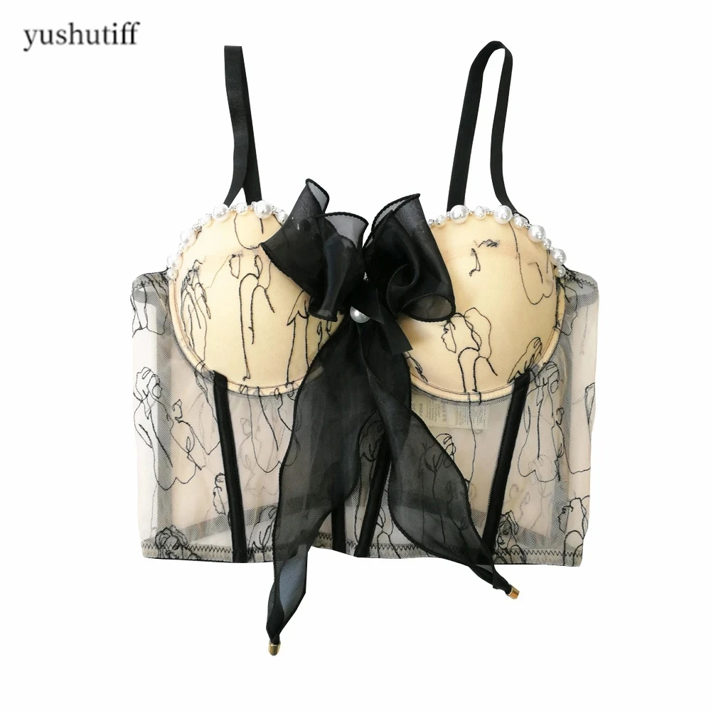 

Crop Top Party Nightclub Fashion Pearl Bow Lace Corset Bra Bustier Coquette Women Harajuku Female Summer Sleeveless Vests