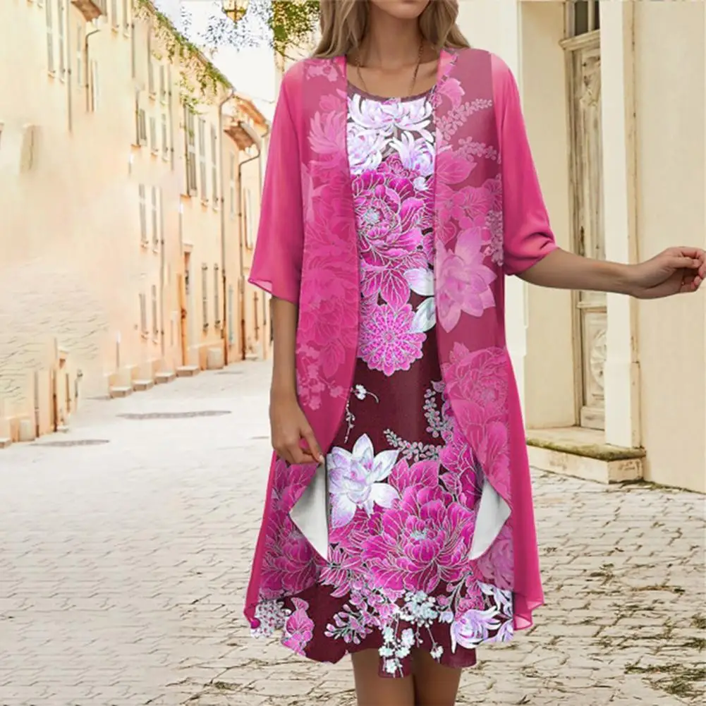 

Shawl Dress Set Women Printed Dress Elegant Floral Print Midi Dress Set with Sheer Mesh Cardigan Women's Knee for Mid-aged