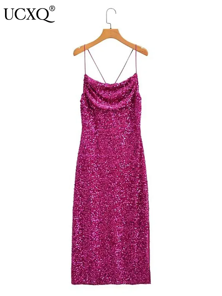 

UCXQ Fashion Beautiful Sexy Backless Sequin Drop Neck Slim Split Hanging Strap Sling Dress For Women 2024 Spring Summer 23A7209