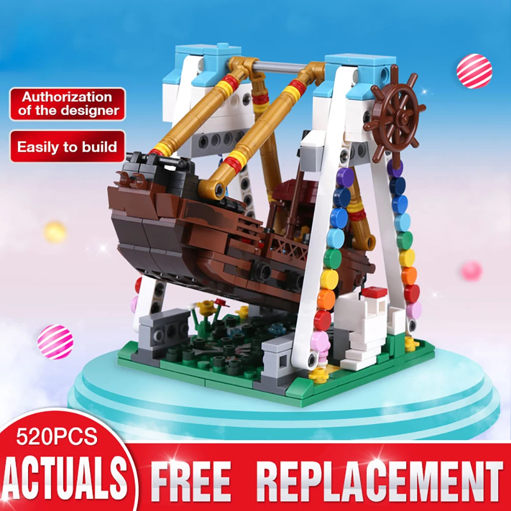 520Pcs Toy Pirate Ship Brick Boat Ruota Building Block Fairground Bricks Parco Divertimenti Con Manuale Di Assemblaggio