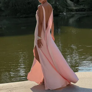 Elegant High Waist Split Women Party Dress Sexy Solid Backless Sleeveless Long Dress 2025 New Summer Chic Sling Evening Vestidos 1