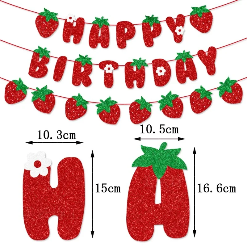 Strawberry Happy Birthday Cake Flags Strawberry Banner Cupcake Topper Fruit Kids Sweety Party Cake Baking DIY Party Decoration