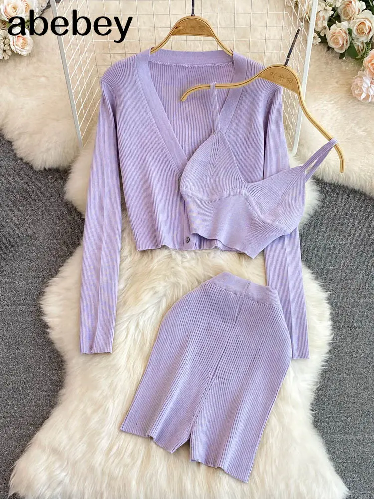 

Women Tank Tops & Shorts Pants & Long Cardigan Coat Suit Loose Solid Outfit Autumn Winter Casual Knitted Three Piece Set