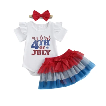 Toddler Girls American Flag Romper Dress Set with Headband