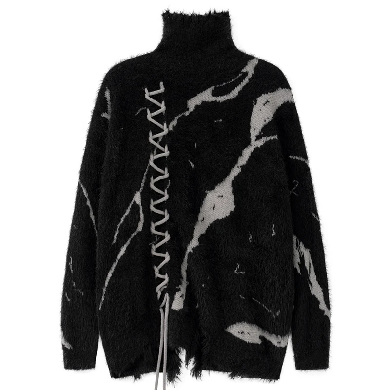 

Winter Black High Collar Men's Soft Furry Knitted Sweater Fashion Harajuku Punk Gothic Streetwear Oversized Unisex Pullover