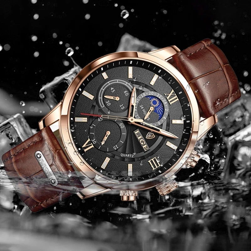 LIGE New Mens Watches Top Brand Luxury Leather Wristwatch Casual Quartz Watch Men's Sport Waterproof Clock Relogio Masculino+Box