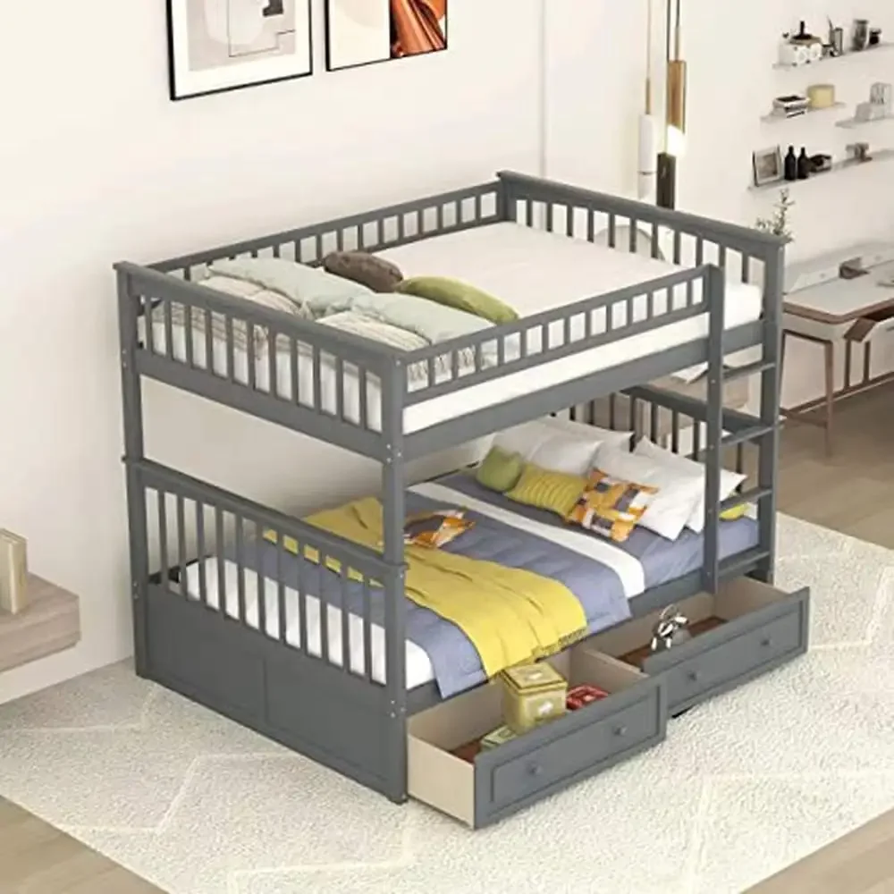 Full Wood Bunk Bed Daybed Storage Drawers Ladder Twin Size Separated Space Saver Pine Grey Modern Hardwood Solid MDF 79" 58.7"