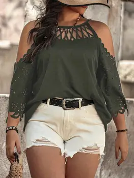 【Plus Size】 Solid Color Hollow Out Cold Shoulder Blouse, Casual Long Sleeve Top for Daily Wear, Women Clothing for All Seasons 1