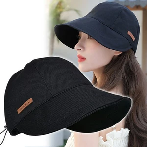 Women's Summer Cotton Ponytail Bucket Hat Outdoor Beach Adjustable Sun Visor Hats Solid Color Foldable Panama Fisherman Caps