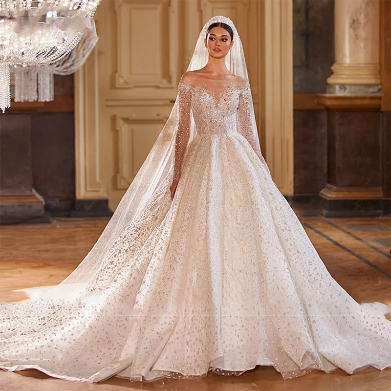 

Luxurious Wedding Dress Embroidery With Beading Lace Ball Gown O-Neck Full Sleeve Church Wedding Button Vestido De Novia Bridal