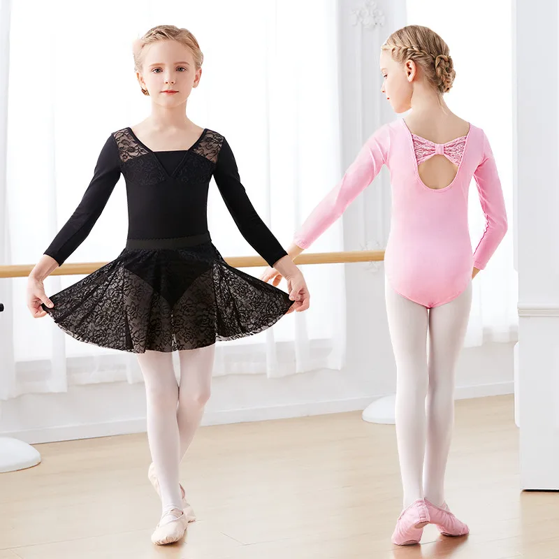 

Ballet Dress Kids Gymnastics Dance Leotard +Skirts Girls Long Sleeve Bow U Back Lace Splicing Leotard Dancewear Costumes
