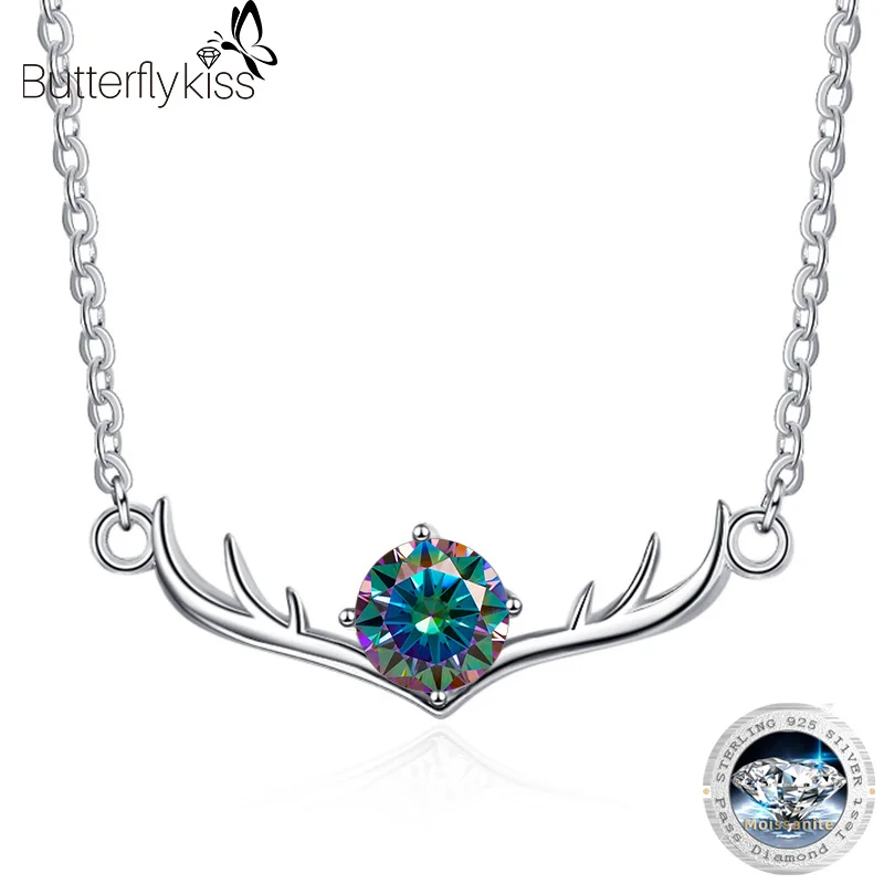 

Butterflykiss Christmas Jewelry 925 Sterling Silver 1.0 CT Moissanite Pendant Colorful Diamond Elk Deer Necklace For Women Colla