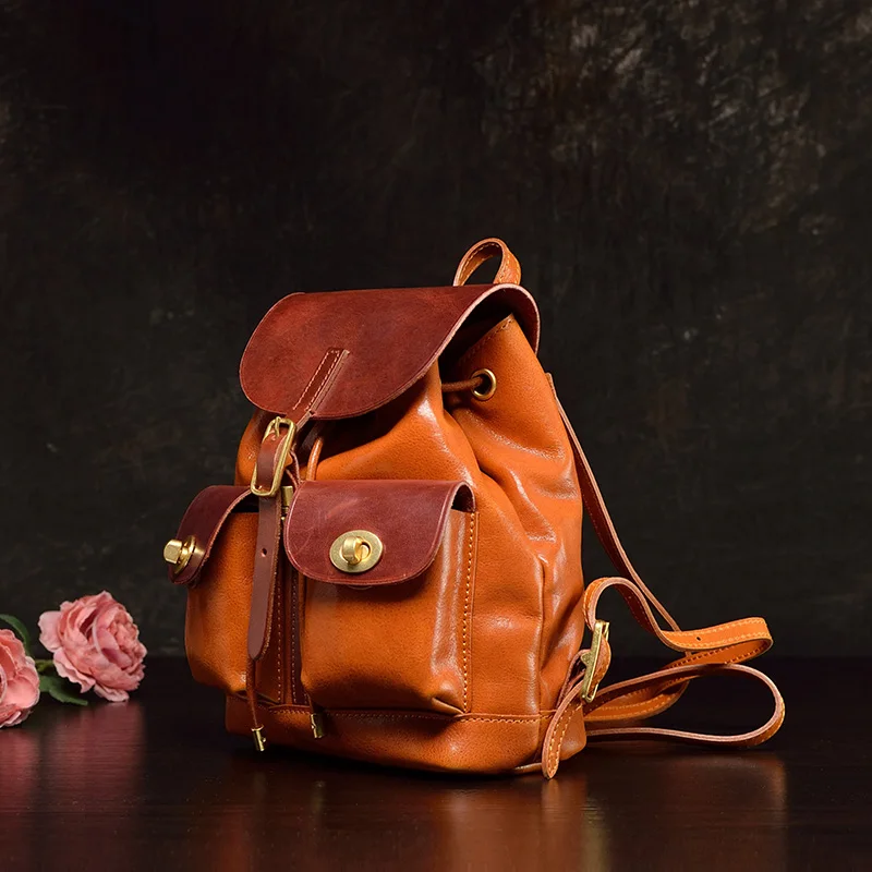 Cowhide backpack British style leather small backpack color contrast Japanese minority travel women's bag leisure 2022 new