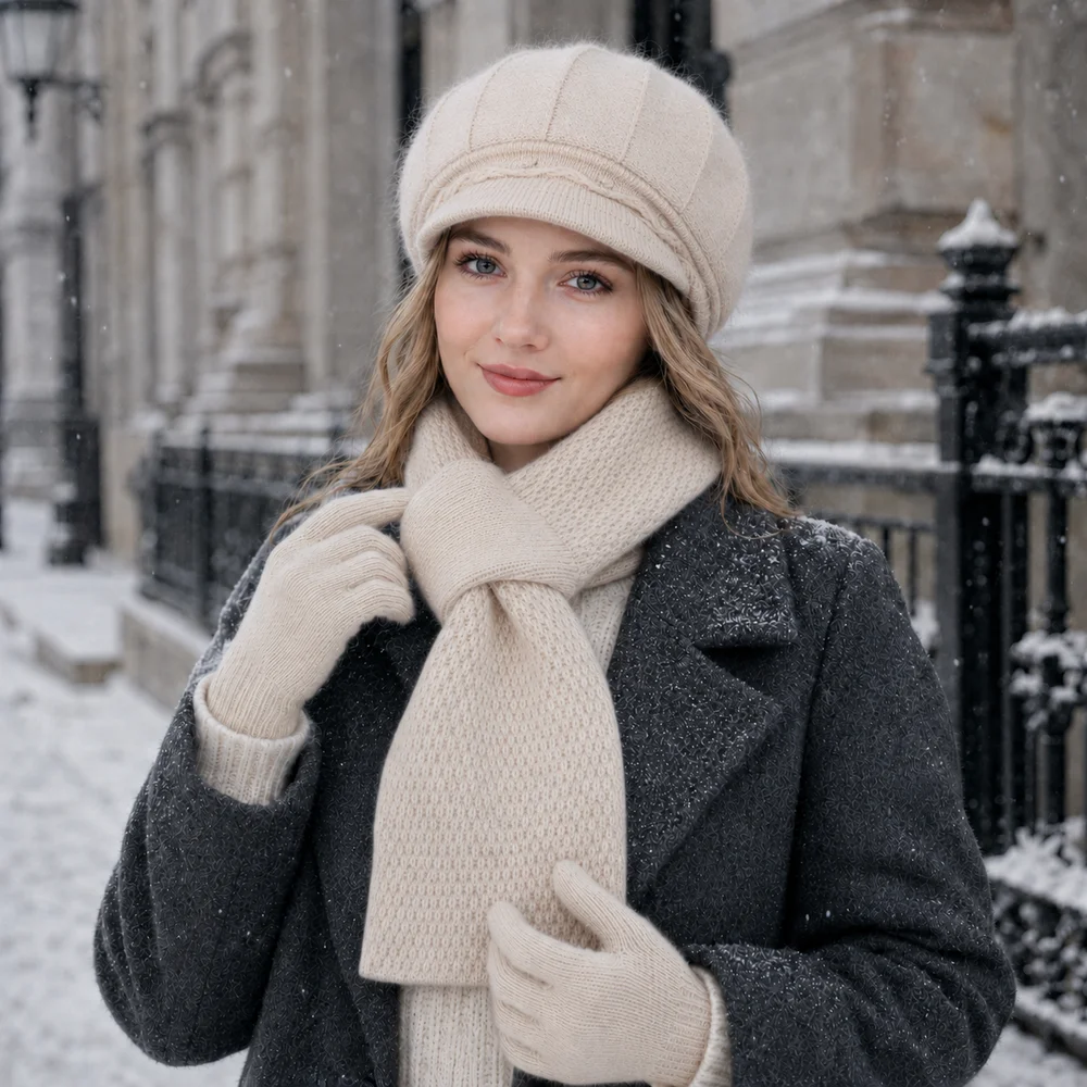 3-Piece Women’s Winter Hat Scarf Gloves Set, Fuzzy Visor Cap & Pull-Through Neck Warmer, Warm Knit Cold Weather Accessories