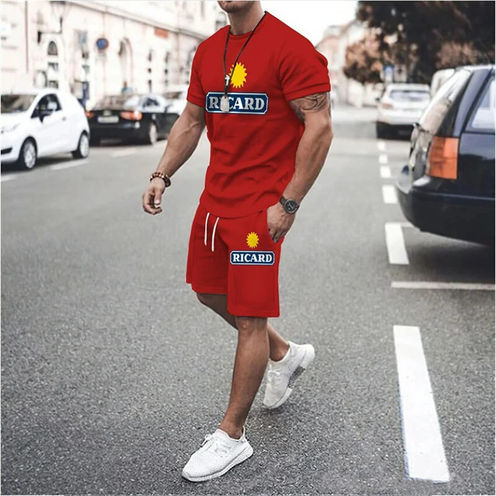 Men’s 2 Piece Tracksuit 3D RICARD Print Fashion Summer T Shirt Sets Sportswear O-Neck Oversize Male Clothing Suits