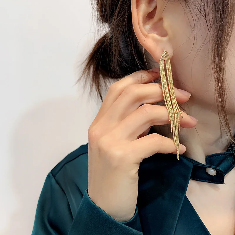 Se114e36484ef40cbb5ac0cedce7b1690y Vintage Long Gold Color Earrings Shiny Thread Tassel Drop Earrings For Women Luxury Hanging Korean Elegant Wedding Party Jewelry Mallzona