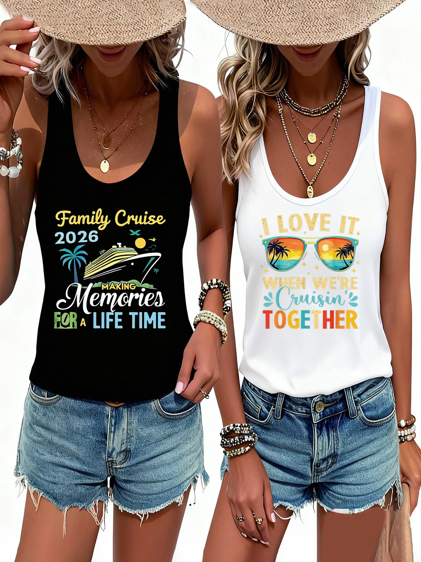 2 Pack Family Cruise 2026 Letter Print Tank Top, Sleeveless Casual Family Vacation Top for Summer & Spring, Women's Clothing