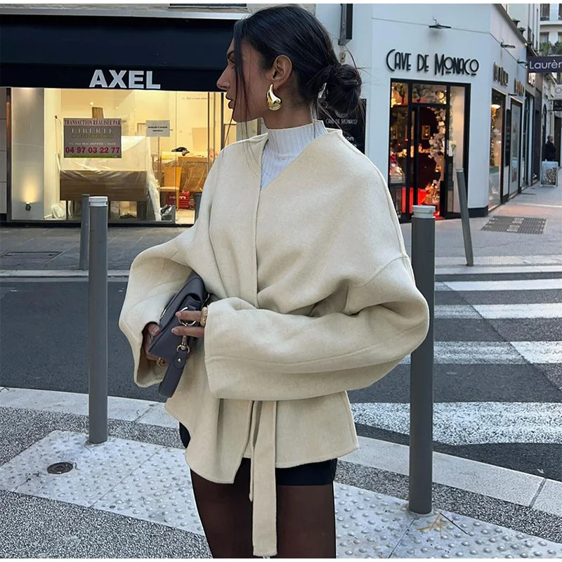 Elegant Woolen Long Sleeve Coat With Belt Women Loose Casual V-neck Solid Short Overcoat Autumn Vintage Lady Thick Warm Outwear