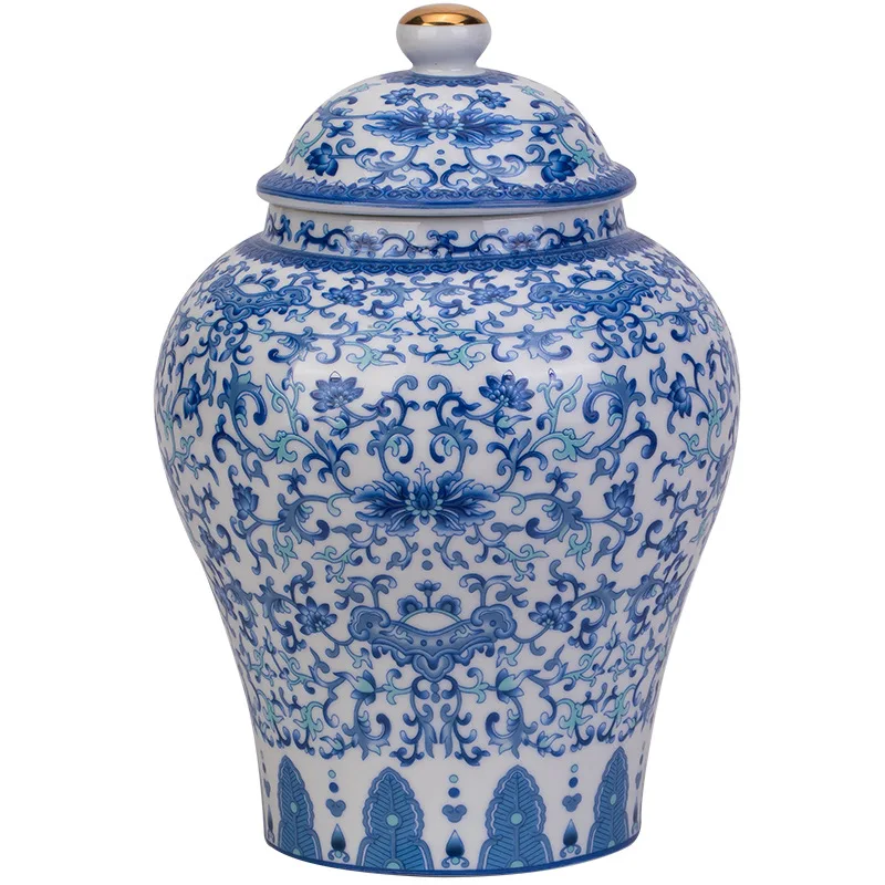 Gold-plated Ceramic Tea Jar Vintage Blue and White Porcelain Sealed Storage Jar Moisture-proof Candy Food Pot Storage Container tea tin box tea canister fragrance powder jar