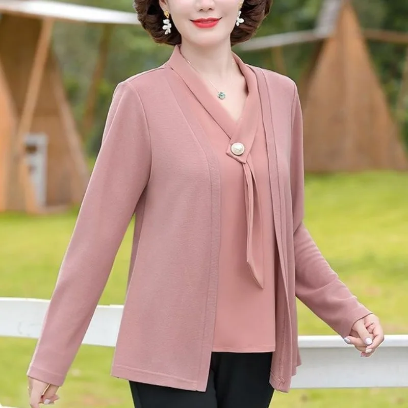 

Fashion Spliced Fake Two Pieces Women's Spring Autumn New Commuting Solid Color V-neck Long Sleeved Pullover Loose T-shirts Tops