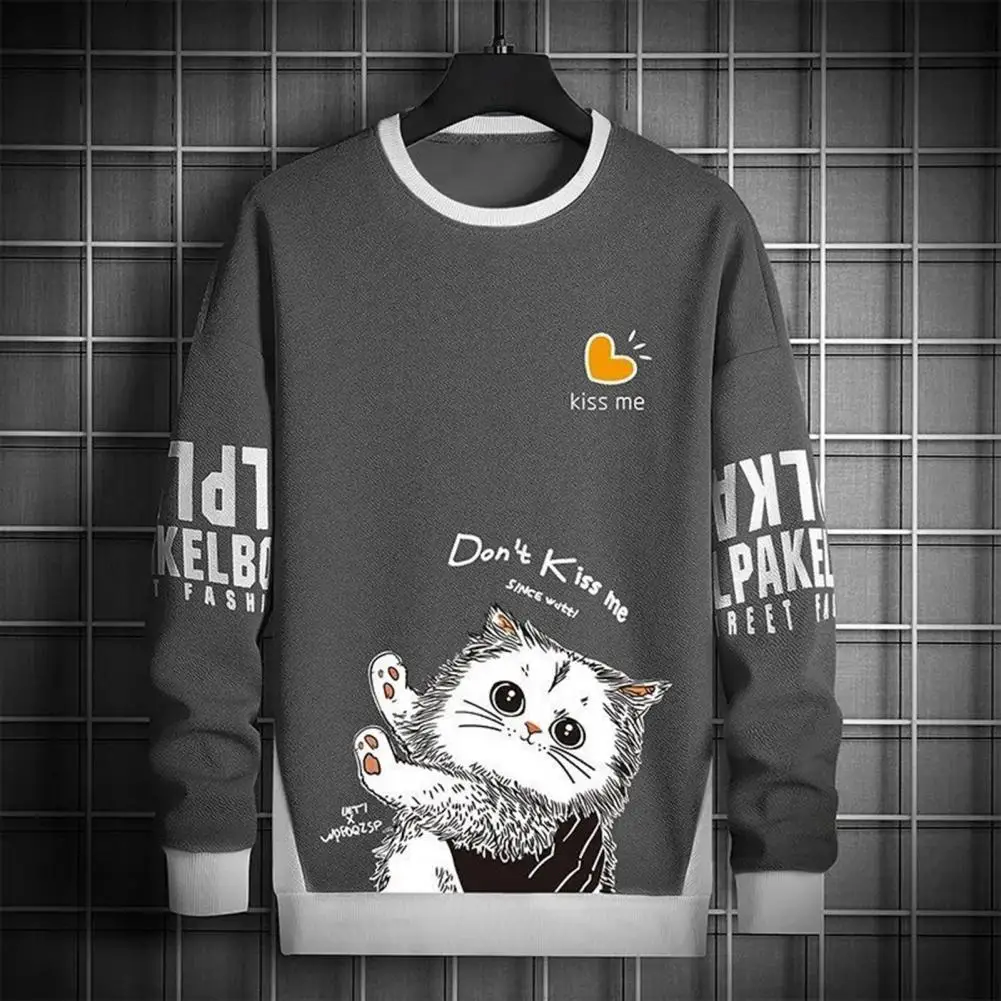 Spring Sweatshirt O-Neck Long Sleeve Thin Fleece Lining Thick Teenager Men Spring Autumn Cartoon Heart Cat Pattern Pullover Top