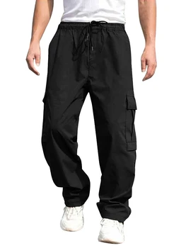 Men s Loose Cargo Long Pants Solid Color Drawstring Waist Straight Leg Trousers Casual Work Pants with Pockets 1