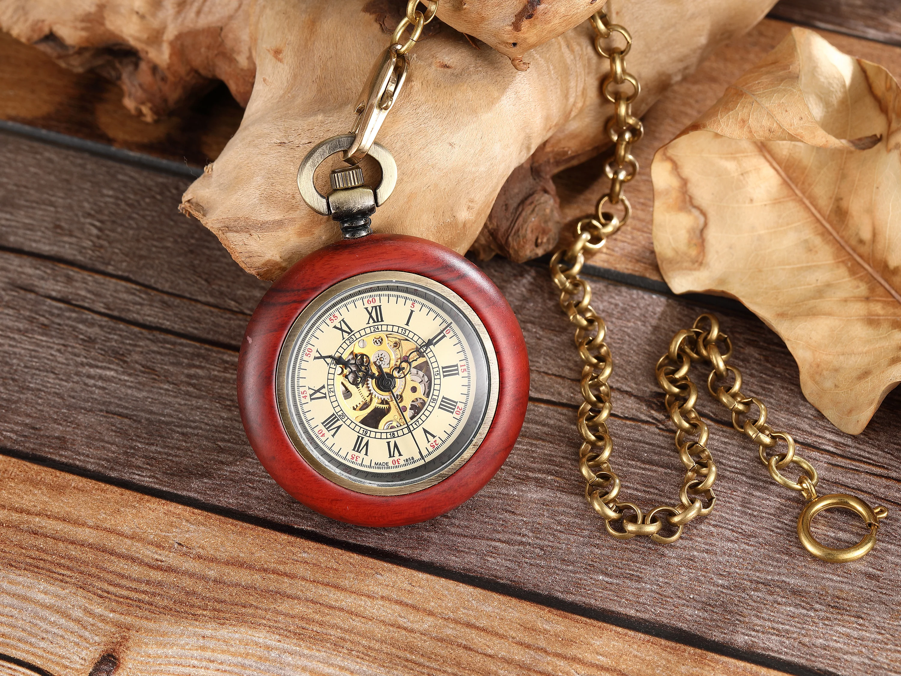 Fashion Retro Red Wood Mechanical Pocket Watch Men's Ladies Elegant Exquisite Antique Necklace Hand Wind Watch with Chain Gifts