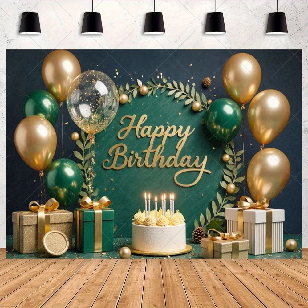 녹색 생일 축하 테마 배경 녹색과 금색 풍선 꽃과 파티 선물 장식 배경 사진 용품 배너