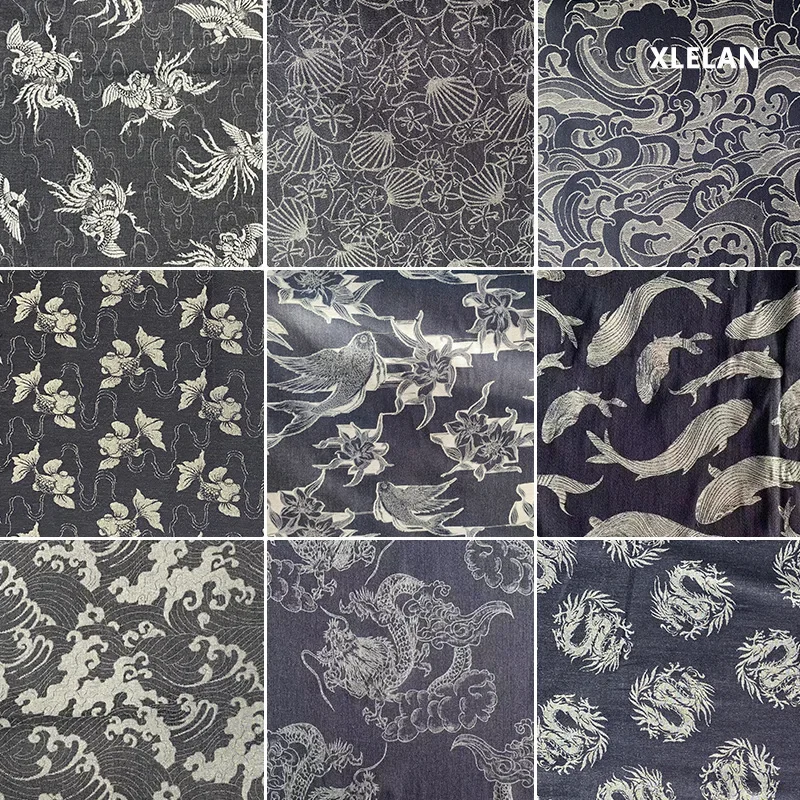 Retro Denim Fabric National Style Embroidery Clothing Material Dragon Pattern Wave Nostalgic Design Outerwear Fabric Washed Deni
